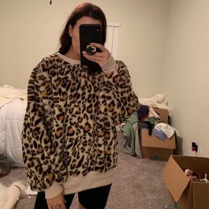 Faux fur leopard crew neck
